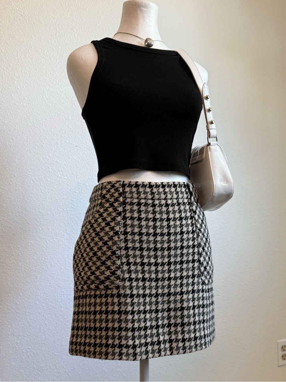 Y2K J Crew Wool Blend Houndstooth Mini Skirt Preppy Old Money Academia